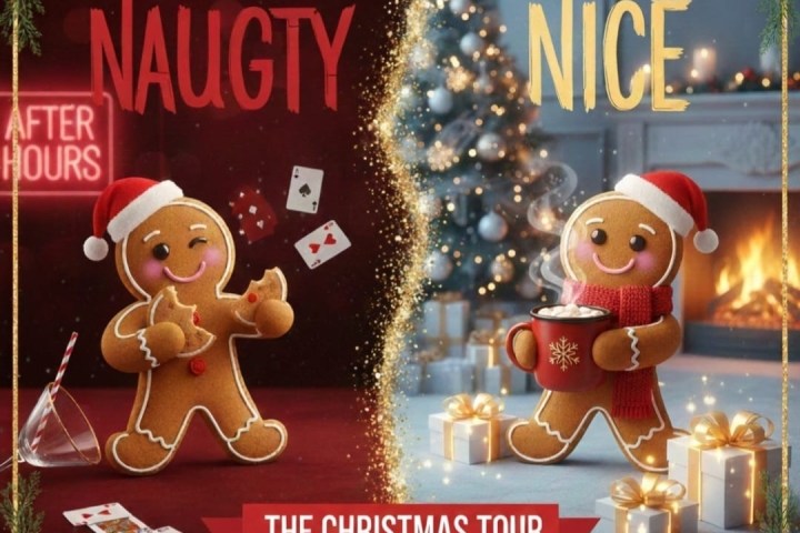 Gingerbread characters: one 'Naughty' with cards, one 'Nice' with cocoa, split image for 'The Christmas Tour'.