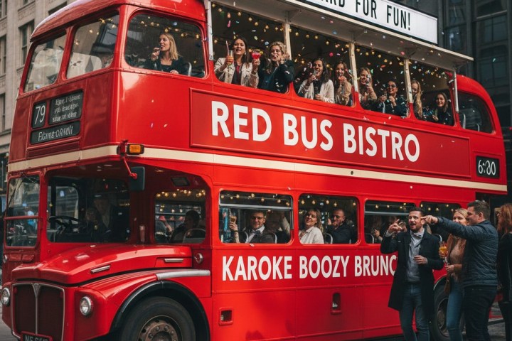 Red double-decker bus with 'Red Bus Bistro' banner, people inside, and 'All Aboard for Fun!' sign.